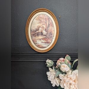 Vintage Victorian Couple at the Bridge, swans Print Homco Picture Wood Frame